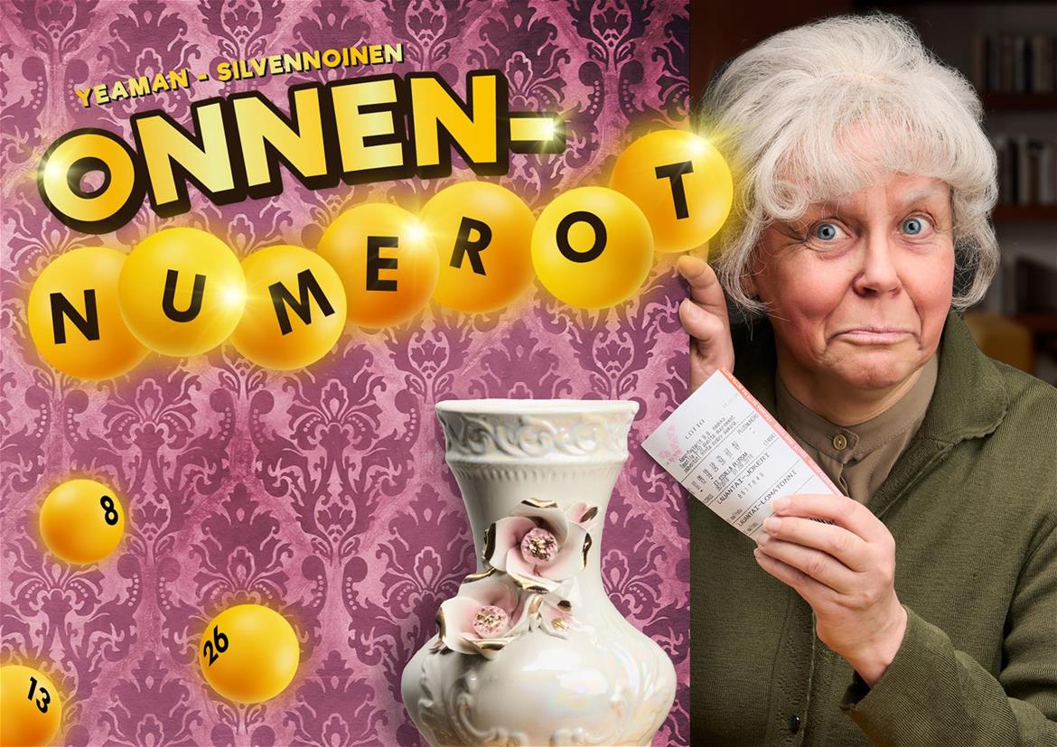 Ovelasti hymyilevä mummo kurkistaa seinän takaa ja ojentaa kädessään olevaa lottokuponki kohti maljakkoa. Yläreunassa teksti: 