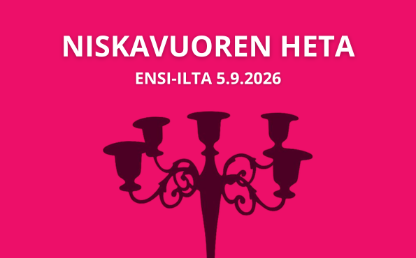 Pinkillä taustalla viisihaaraisen kynttilänjalan siluetti. Yläpuolella teksti: 